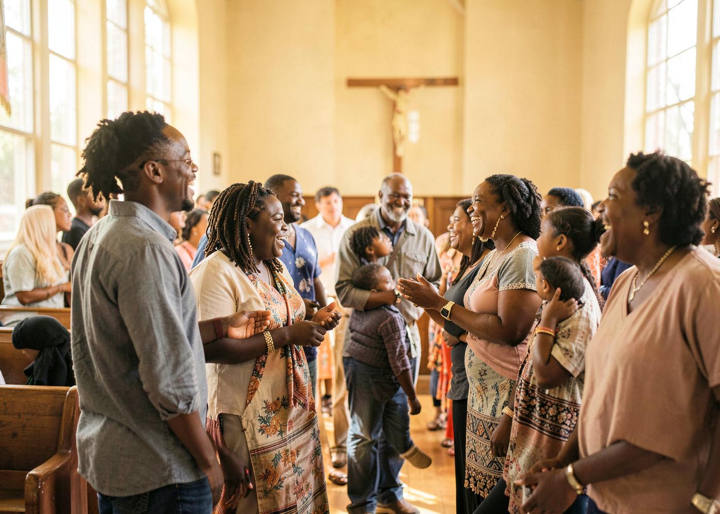 Church families and couples talking together after service