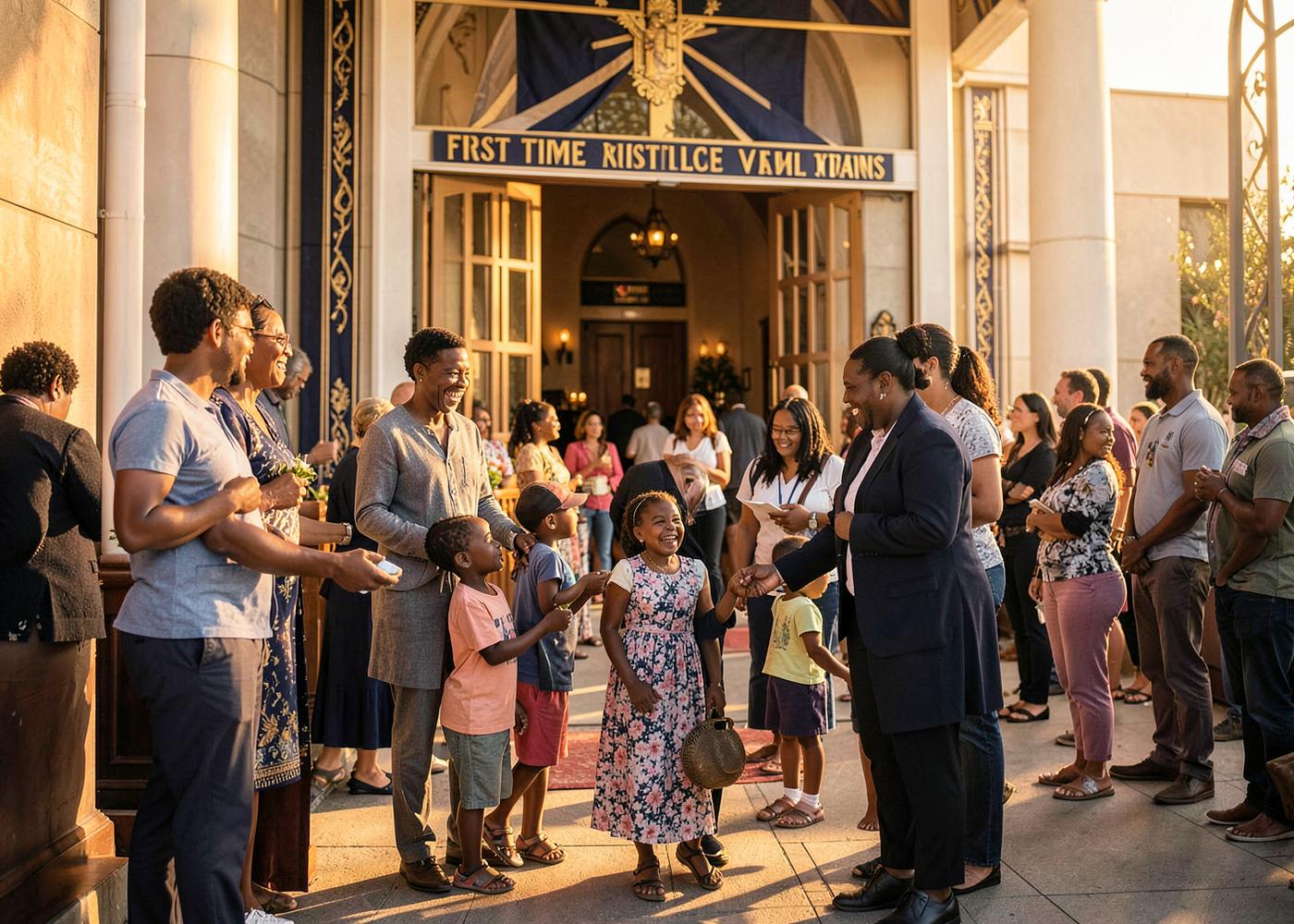 Greeters welcoming a family arriving at church for the first time